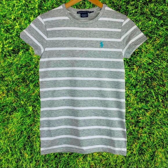 Ralph Lauren Heather Gray and White Striped Cotton Tee with Turquoise Logo - Picture 5 of 10